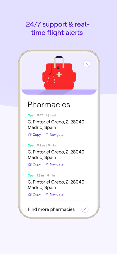 Faye app displaying a list of nearby pharmacies in Madrid, Spain, with navigation and opening hours.