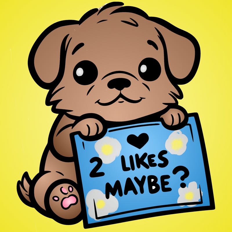a puppy holding a sign that says 2 likes maybe?