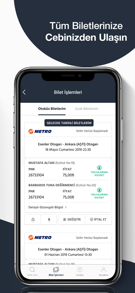 Biletall – Bus & Plane Tickets - Biletall mobile app screen displaying digital bus tickets for travel within Turkey.