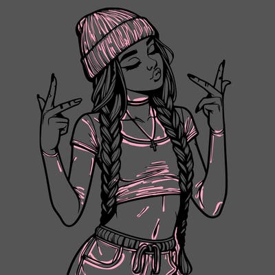 realistic teenage girl with braids and a beanie and crop top doing 🫶🏼