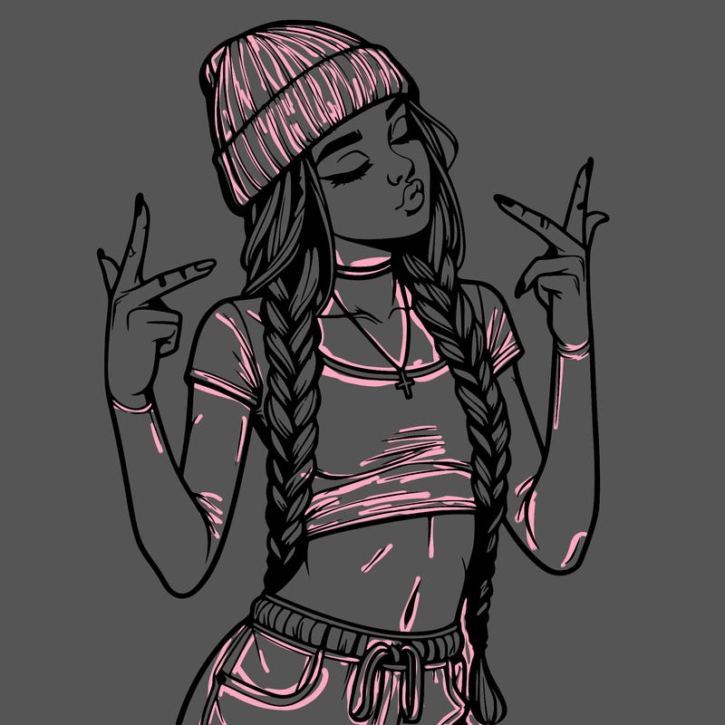 realistic teenage girl with braids and a beanie and crop top doing 🫶🏼