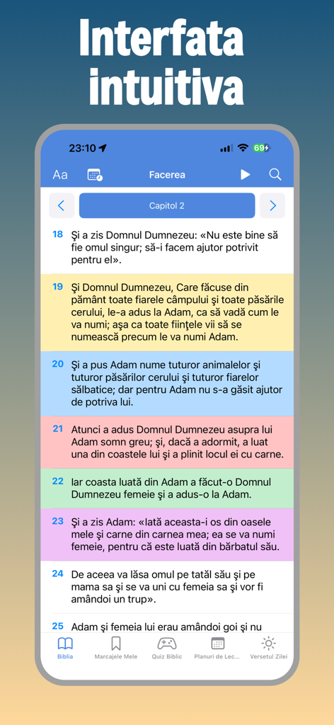 Biblia Ortodoxă în Română - Interfaz intuitiva de la aplicación Biblia Ortodoxa Rumana mostrando versículos resaltados del Génesis.