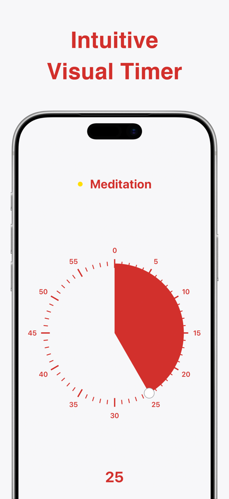 Ultimate Focus - Visual Timer - Ein iPhone, das die Ultimate Focus App mit einem roten visuellen Kreisdiagramm-Timer für eine 25-minütige Meditationssitzung anzeigt