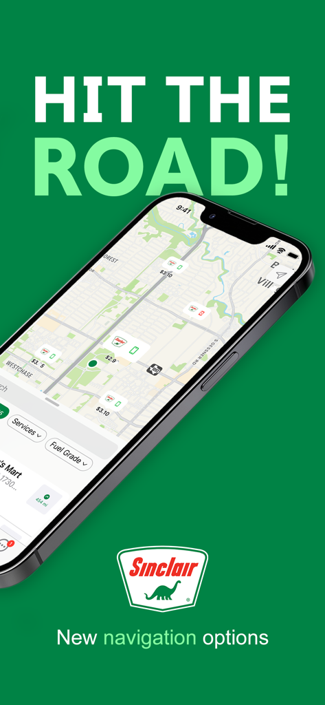 DINOPAY - Sinclair Oil - Sinclair DINOPAY app interface showing a map with gas station locations and current fuel prices