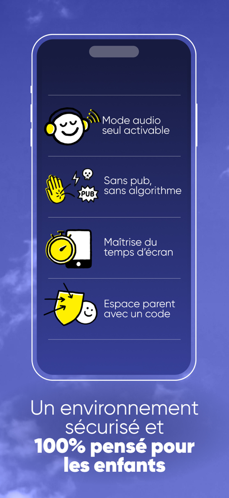 BayaM : Podcasts, jeux & films - Capture d'écran de l'application BayaM affichant les fonctionnalités de sécurité comme le mode audio seul, le contenu sans publicité, le contrôle du temps d'écran et un espace parental sécurisé.