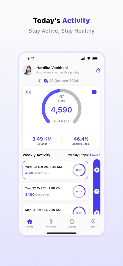 Step Tracker - Walk Watch - Un tablero de aplicación móvil que muestra el conteo de pasos diarios, la distancia recorrida y un resumen de la actividad semanal.