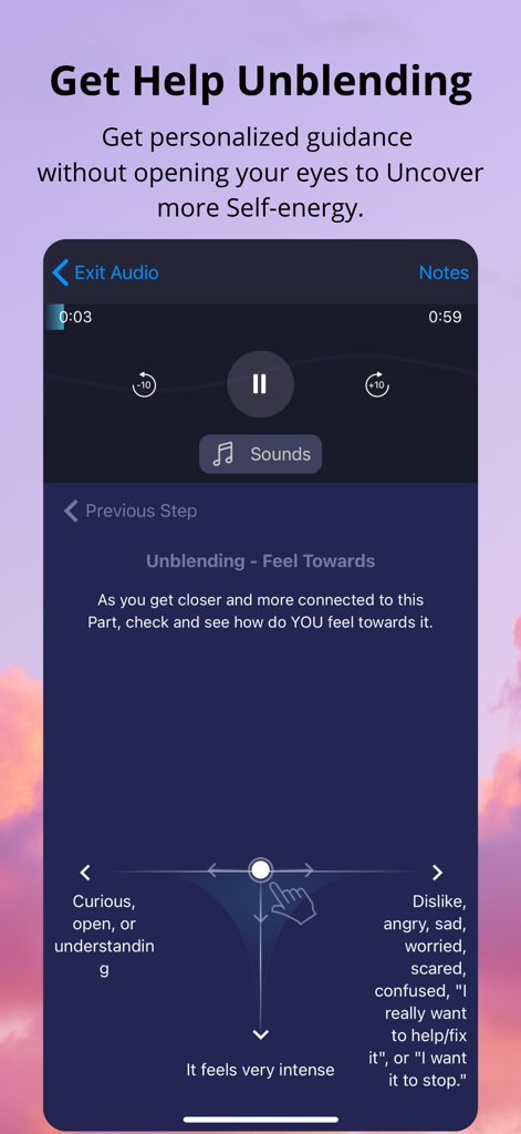 IFS Guide - IFS Guide app screen showing a guided audio session for unblending parts with an emotional assessment scale.