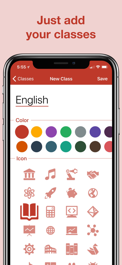 A mobile interface for adding a new class with color and icon customization in the Grades app.
