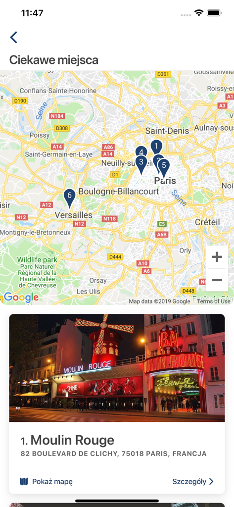 BCD Travel Poland - Aplicación BCD Travel Poland mostrando un mapa de lugares turísticos de París y una tarjeta de detalles para el Moulin Rouge