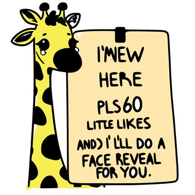 giraffe with a sign that says i’m new here pls 60 likes and i’ll do a face reveal for you