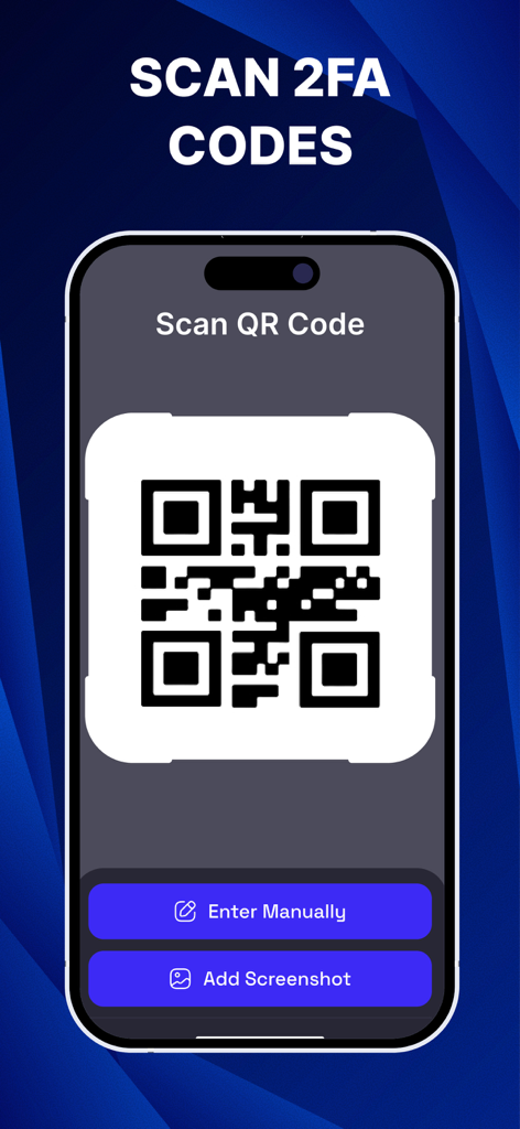 Authenticator app screen showing a QR code scanner interface for setting up two factor authentication.