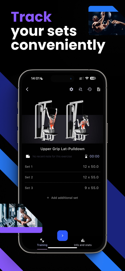 Heft - Exercise Tracker & Log - Heft app interface displaying a gym workout log for lat pulldowns with weight and repetition tracking.