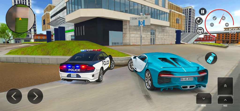 Urban Street Car Driver - A blue sports car drifting past a police cruiser in an urban street racing simulator.