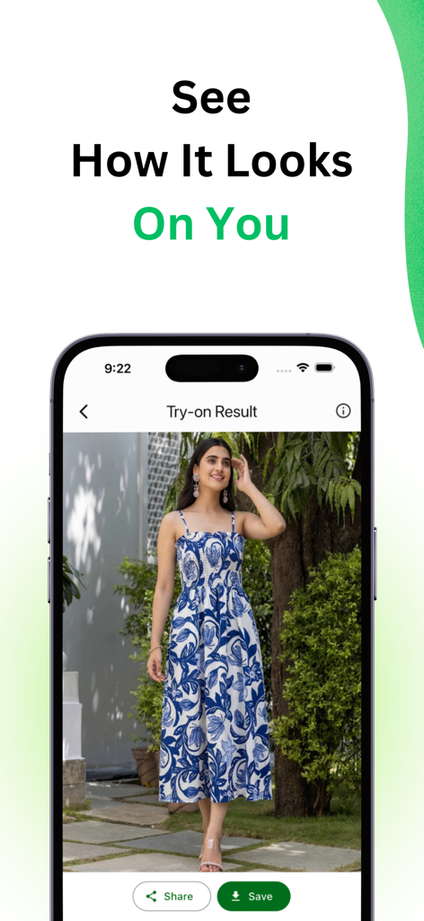 TryOn AI - try on any outfit - TryOn AI app interface showing a woman virtually trying on a blue floral sundress