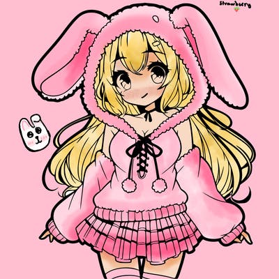pretty anime girl wearing a fluffy hoodie with bunny ears on the hood and a skirt