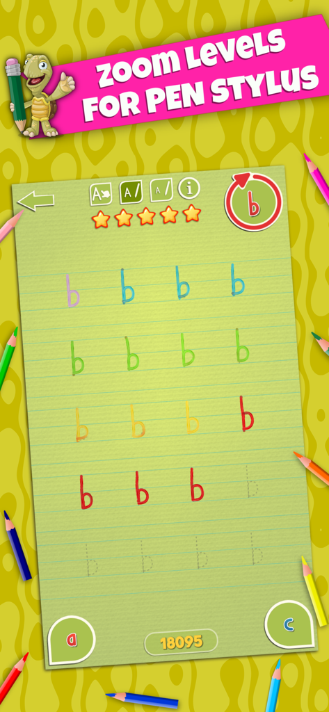 LetraKid: Kids Writing Letters - LetraKid app showing letter b handwriting practice with zoom levels for pen stylus support