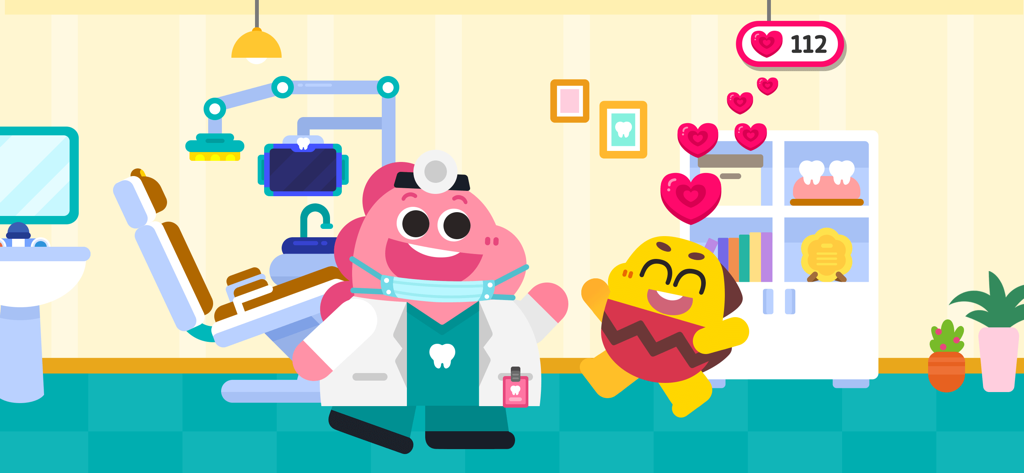 Un dentista dinosaurio rosa y un personaje feliz en una colorida clínica dental con recompensas de corazones