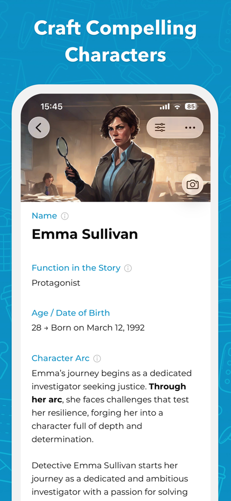 A character profile screen in the Story Planner app showing details like name, role, and character arc for a protagonist named Emma Sullivan.