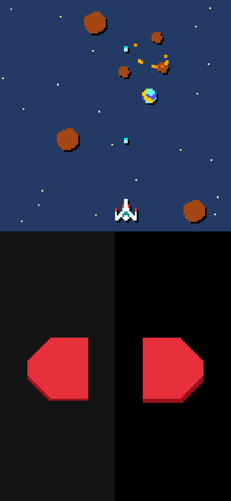 pureya - A pixel art space shooter minigame from the pureya app featuring a spaceship avoiding asteroids and two red control buttons