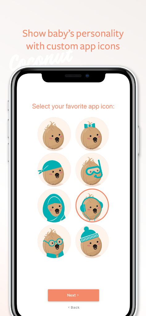 Una selección de lindos íconos de la aplicación Coconut Baby con diferentes personalidades como amante de la música y aventurero