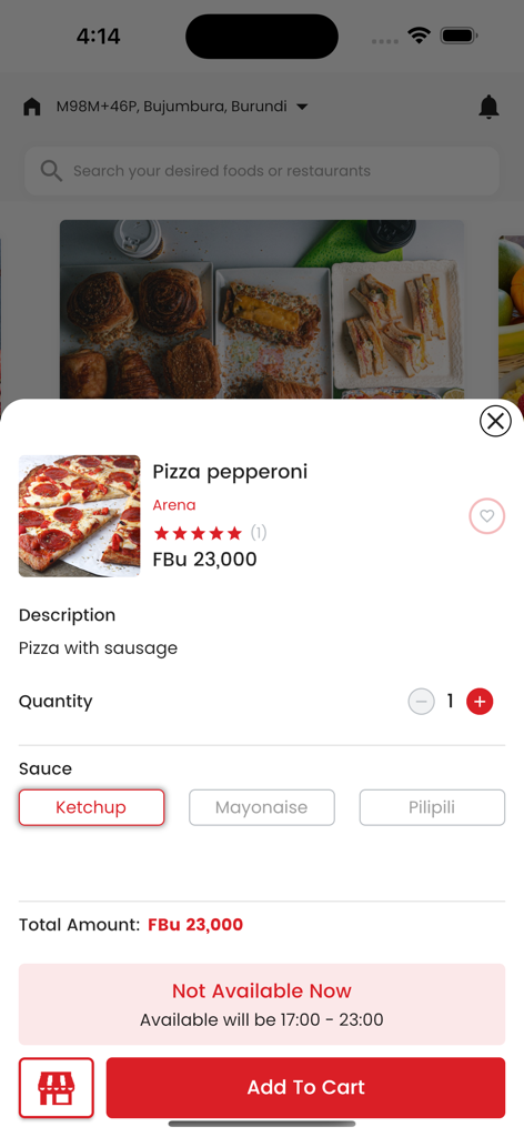 Baza Burundi - Mobile app interface for ordering pepperoni pizza with sauce options and availability details