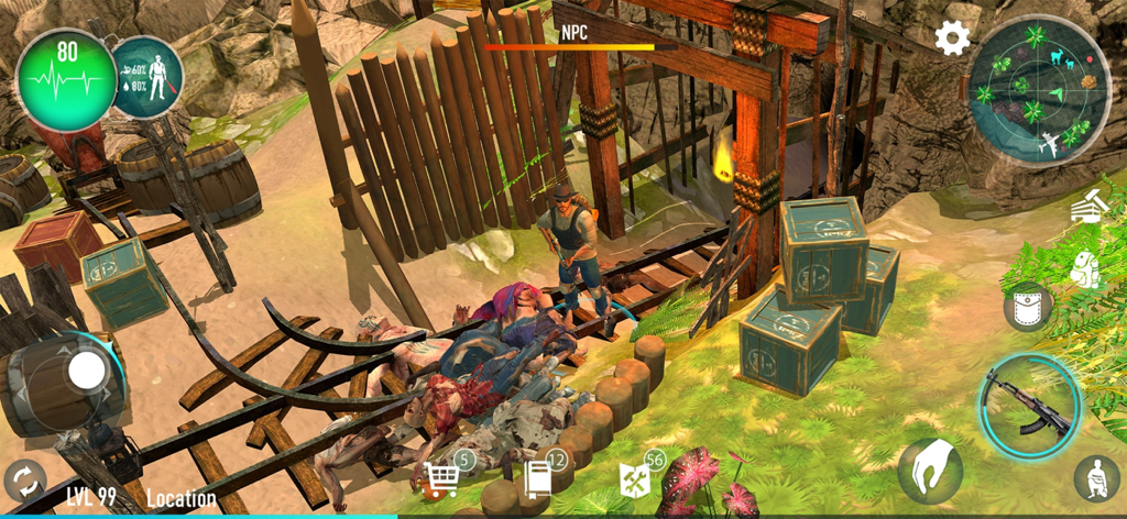 Survival Point: zombie island - Capture d'écran du gameplay d'un personnage survivant se tenant près de zombies vaincus sur une voie ferrée dans Survival Point île aux zombies.