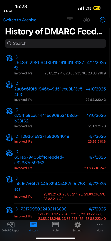 DMARC Aide - List of past DMARC reports in the DMARC Aide app showing report IDs and involved IP addresses