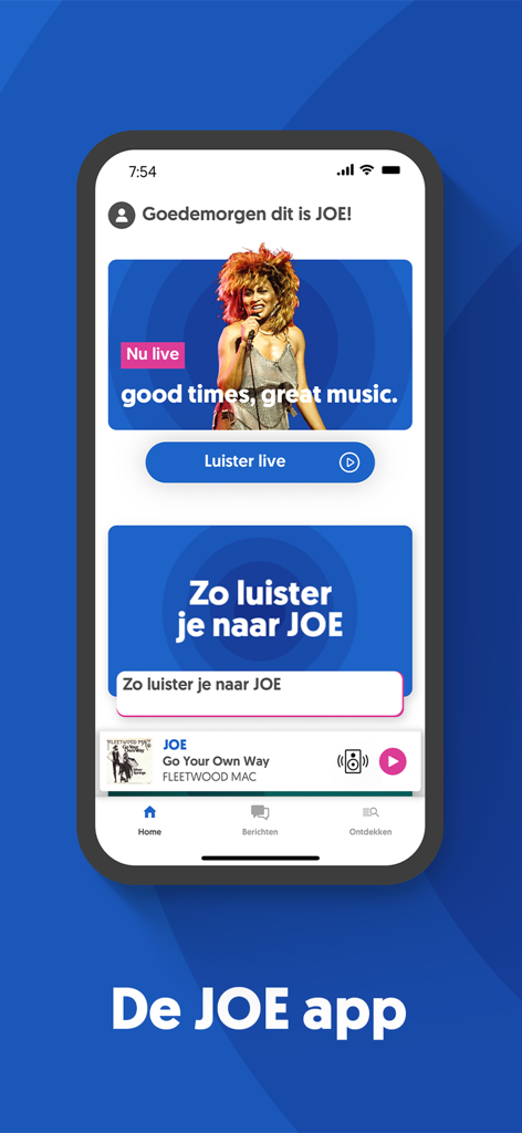 The home screen of the JOE radio app displaying a live music player with classic hits and a picture of Tina Turner.