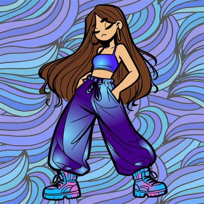 girl in baggy pants crop top and long hair