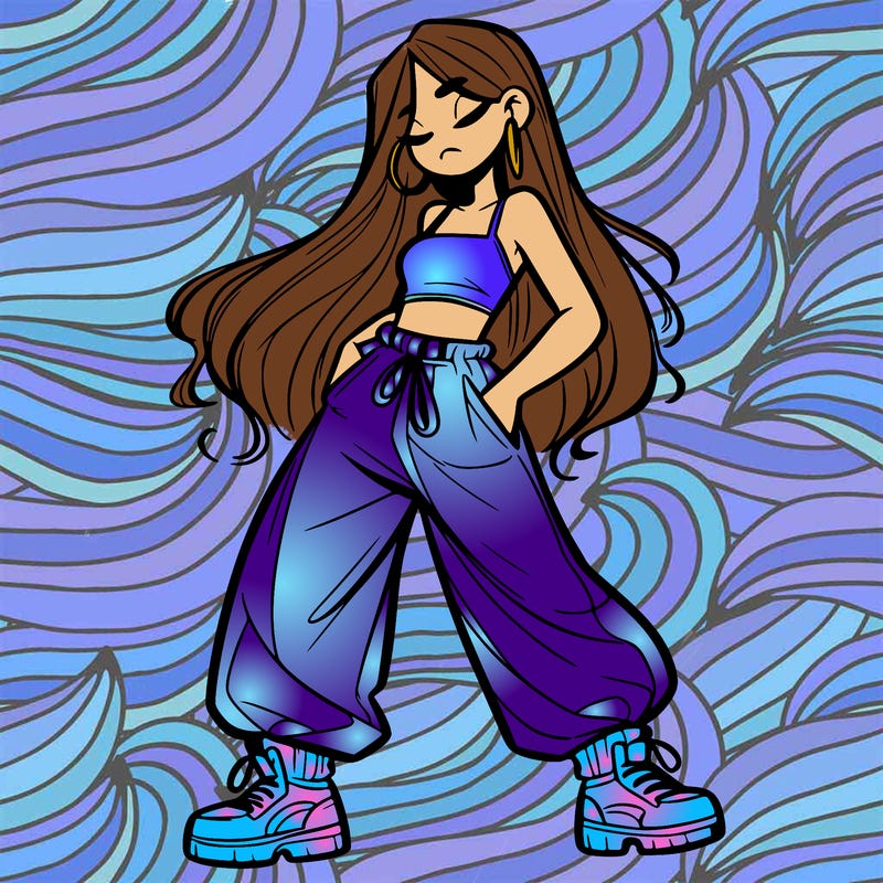 girl in baggy pants crop top and long hair