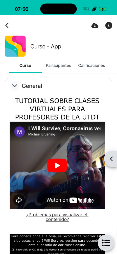 Campus Virtual Di Tella - Pantalla de contenido del curso en la aplicación Campus Virtual Di Tella mostrando un video tutorial de clase virtual