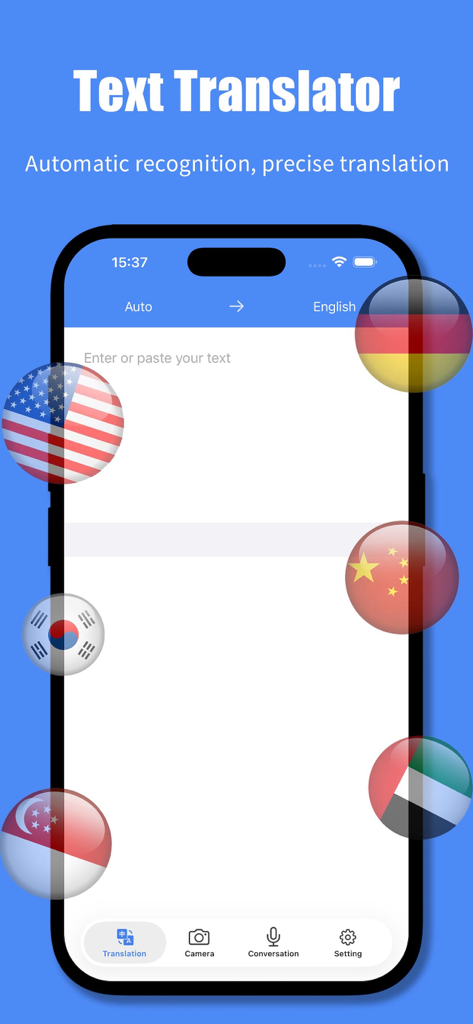 aTranslate - AI Translator - Interfaz de la aplicación móvil aTranslate para traducción de texto con reconocimiento automático de idiomas y banderas de países