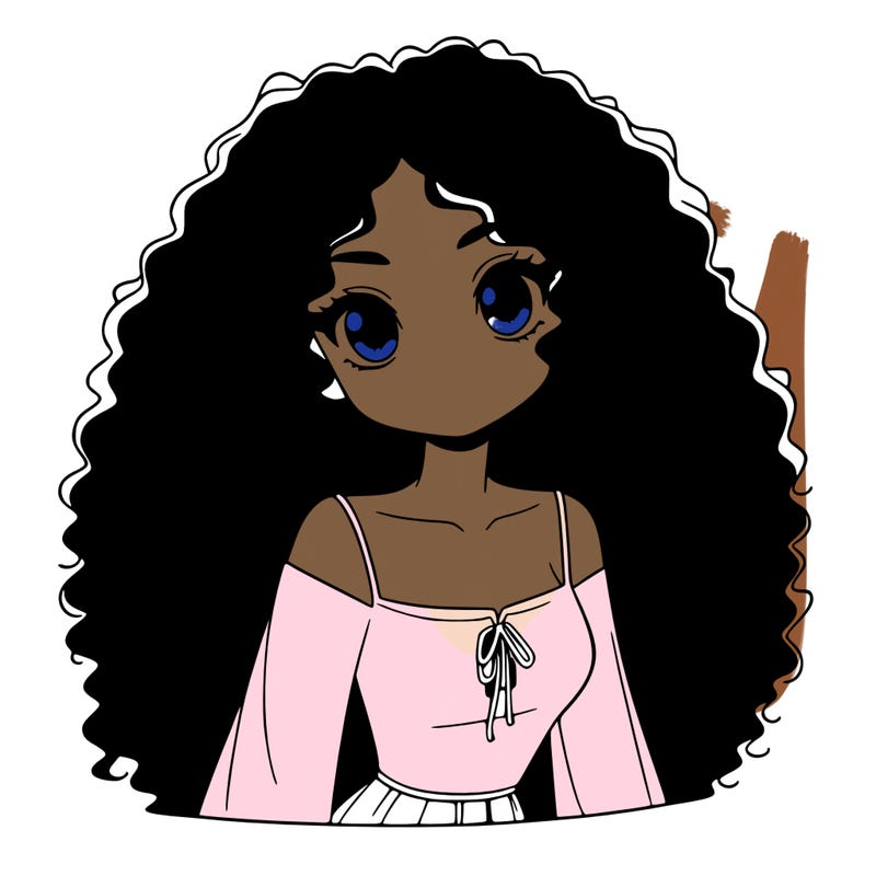 a black anime girl with long afro hair