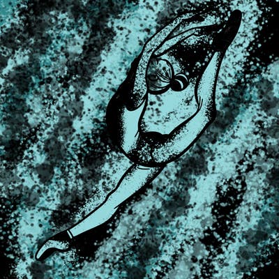 gymnast doing a leap in a leotard with a bent back leg