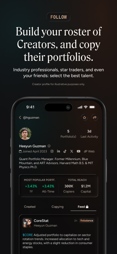 dub | Copy Trade Anyone - Mobile app screen showing a professional investor profile and portfolio performance stats on the dub platform