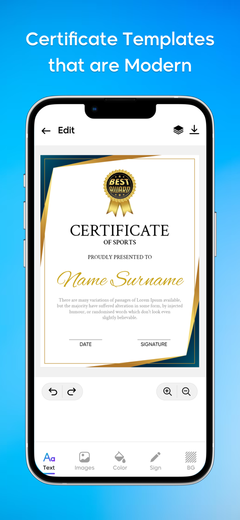 Mobile app interface editing a modern sports award certificate template