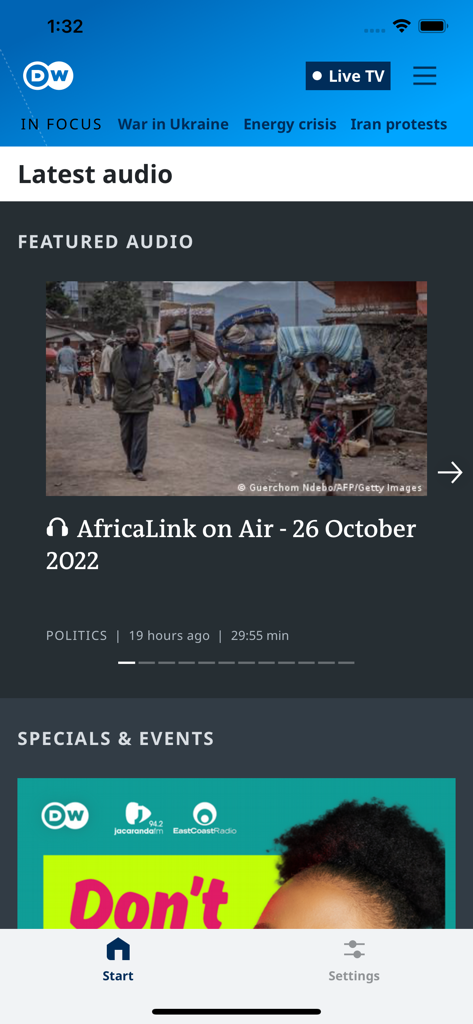 The DW news mobile app interface highlighting the featured audio section and international news categories.