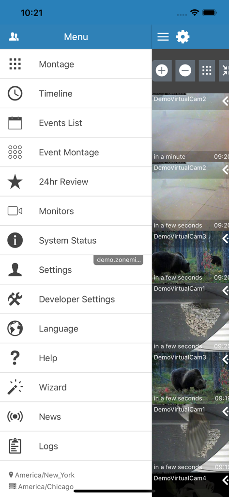 zmNinja-pro mobile interface showing the side navigation menu and camera monitoring view