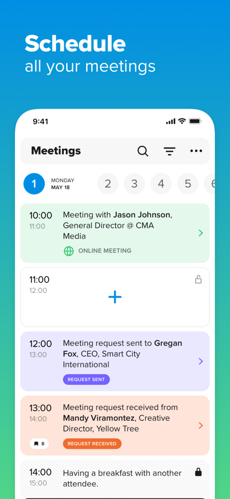 PINE Events - Interface of the PINE Events app showing a personalized meeting schedule with professional networking requests.