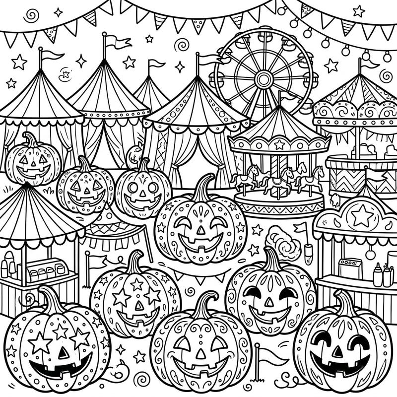 Experience the magic where Halloween meets the fairground with this delightful Jack-o'-lantern Carnival coloring page. Dive into a richly detailed scene featuring playful pumpkins and classic rides, perfect for hours of creative fun.
