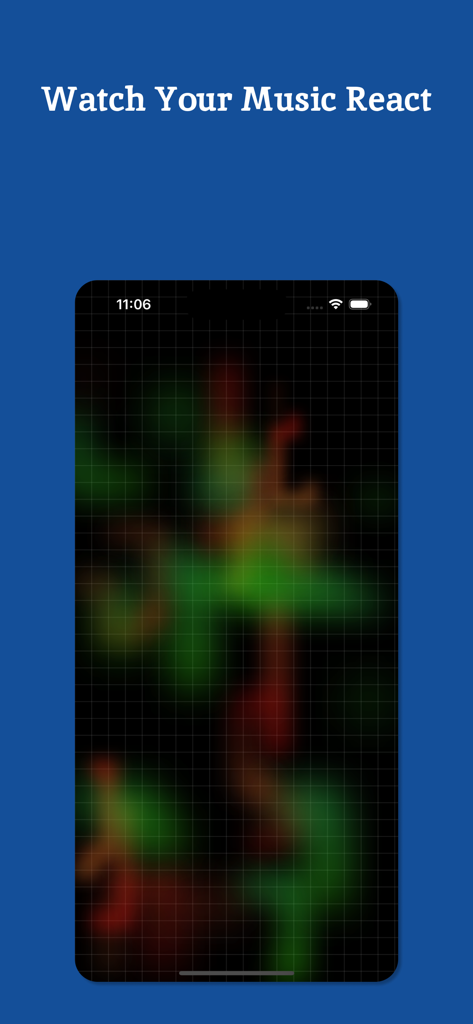 A smartphone displaying a real-time music visualizer with glowing red and green light effects on a grid.