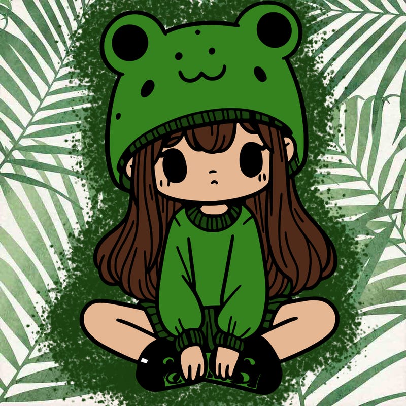 a girl wearing a frog hat and some frog socks