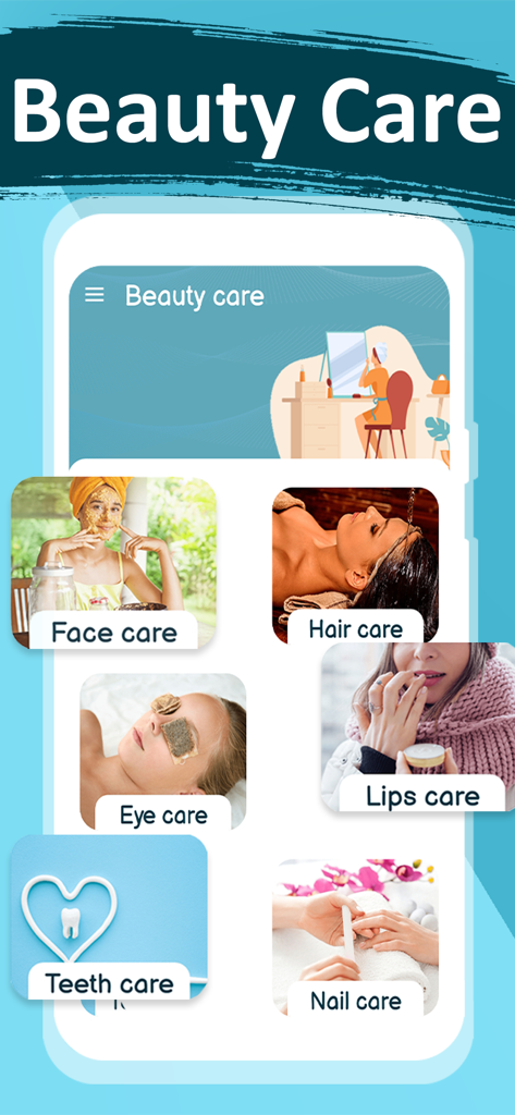 Menú principal de la aplicación Daily Beauty Care con categorías de tratamientos naturales para rostro y cabello
