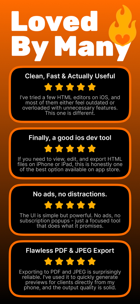 HTML Creator : Editor & Viewer - A collection of positive five-star user reviews for the HTML Creator: Editor & Viewer app highlighting its speed, utility, and lack of ads.