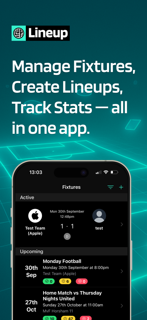 Lineup - Soccer Team App - Interfaccia dell'app di gestione squadre di calcio che mostra partite attive e imminenti