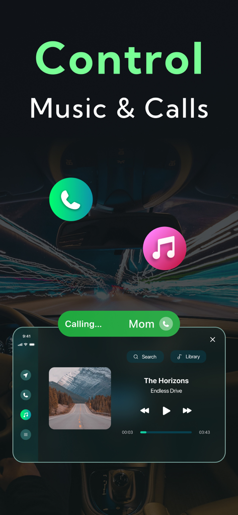 Interface of Car Play Connect Sync app showing music player and call controls for a smarter drive mode