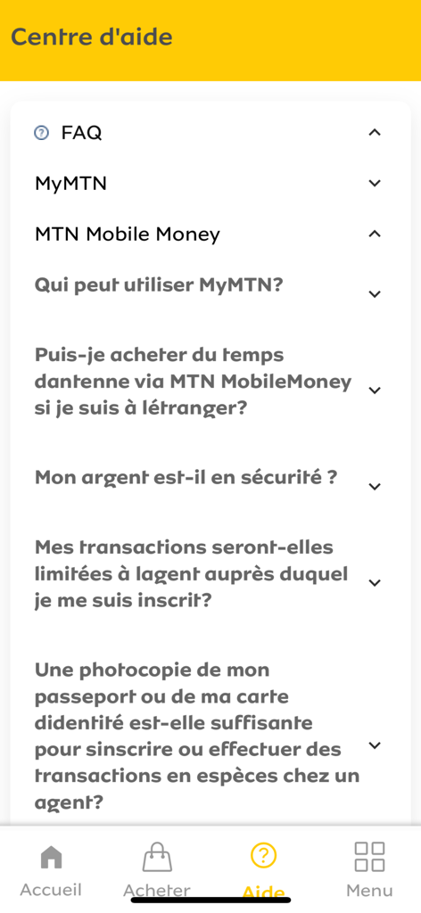MyMTN BN - Página del centro de ayuda de la aplicación MyMTN BN con preguntas frecuentes sobre la gestión de cuentas y el dinero móvil