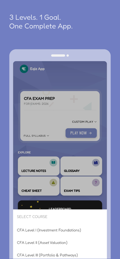 CFA Exam Prep 2026: with AI - CFA Exam Prep 2026 mobile app interface with course selection for Levels 1 2 and 3.