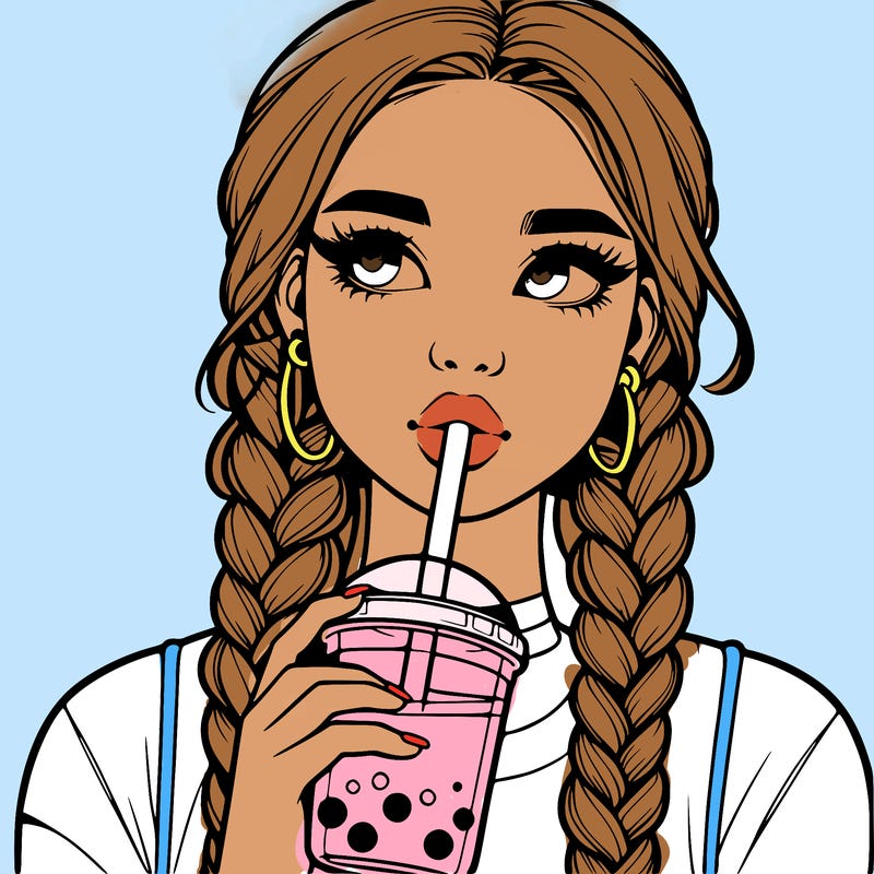 realistic girl with braided hair drinking boba
