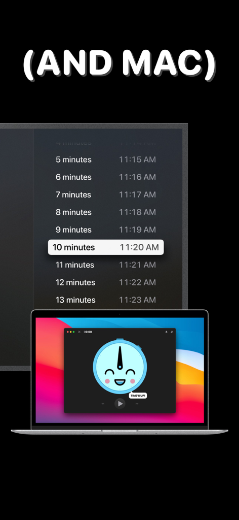 Un MacBook que muestra la aplicación Time’s Up! visual timer con una cara de reloj azul amigable en la pantalla.